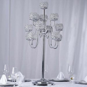 Metal Crystal Beaded Candelabra 40" Silver 13 Arm Design - Table Centerpiece for Events